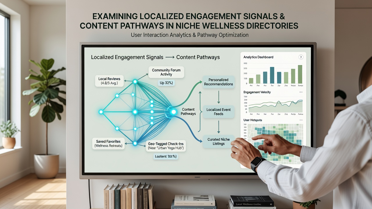 Diagram showing regional engagement metrics directing content flow across interconnected wellness service providers and directories